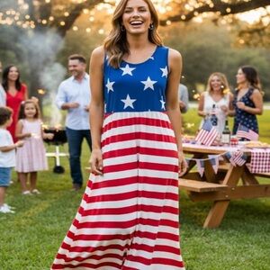 Patriotic Stars and Stripes Maxi Dress | 4th of July Americana Summer Gown|M